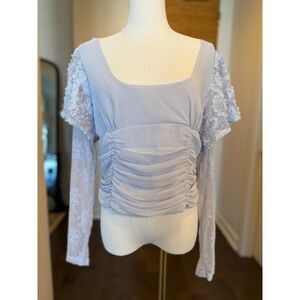 Free People Sheer Lace Ruched Square Neck Long Sleeve Top Light Blue M